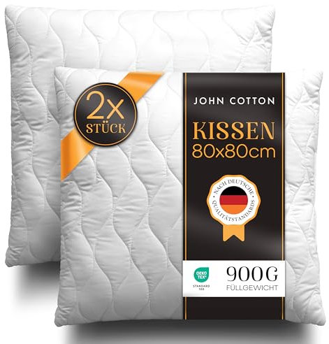John Cotton Kopfkissen 80x80 cm – 2er Set Hotel-Luxus-Stepp-Kissen für Nackenschmerzen, Verstellbares Kissen mit Reißverschluss - 900g Füllung, Schlafkissen für Allergiker, Oeko-TEX (80 x 80)
