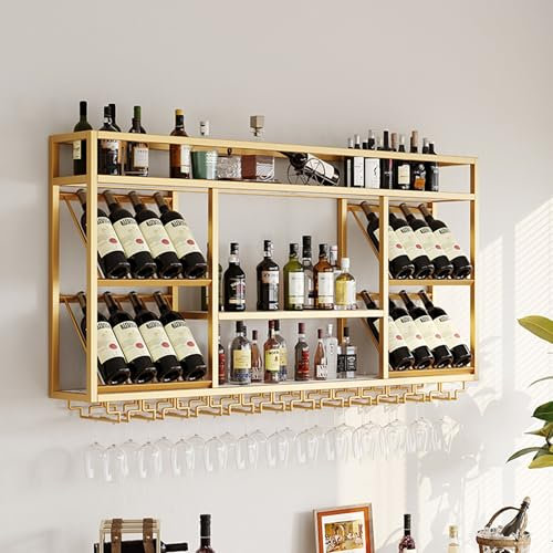 Weinregal Wand Metall Flaschenregal Wine Rack Bar Regal Weinschrank Schmal Barschrank mit Weinglashalter Weinständer Getränke Regal Mini Bar Vitrine Hängend für Küche Bar Esszimmer(Gold,55.11in)