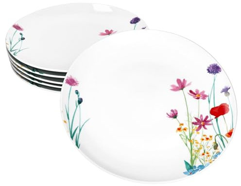 MamboCat Marie Lot de 6 assiettes plates, diamètre 26,7 cm, porcelaine, décor prairie florale, pour 6 personnes, grandes assiettes repas principaux barbecues