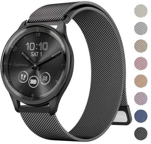 Tobfit Stainless Steel Milanese Mesh Watch Band for Garmin Vivomove 3/HR/LUXE/Sport/Trend, 20mm, Black, 6.3 - 9.5 (160mm - 240mm) Wrist, Magnetic Clasp