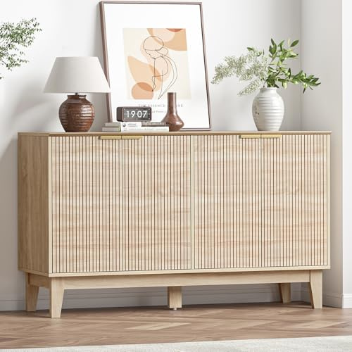 Yvsevnr Sideboard Holz Wohnzimmer 140cm Breit Küchenschrank mit Verstellbares Regal, 4 Türen Buffetschrank für Wohnzimmer Küche Esszimmer,Landhausstil,140x39.9x80 cm