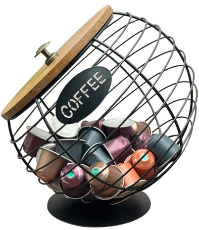 SINBINTA Coffee Pod Holder, Coffee Filter Holder with Lid, Stylish Black Wire Coffee Basket, Large Capacity Espresso Capsule Organizer, for Kitchen Countertop, Coffee Bar, Office (Black)