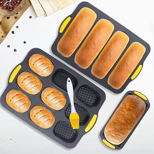 Clyfanesy Silicone Baguette Pan, 3pcs French Bread Mould Non-Stick,Baguette Baking Tray Mould with Brush for Home Kitchen,Bread Baking Tin for Meat Loaf, Pound Cake