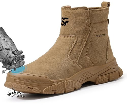 SFSDOUN Work Boots for Men Slip On Welding Boots for Men Indestructible Steel Toe Boots Men's Steel Toe Shoes Fireproof Safety Toe Shoes Construction Boots for Welder Men's Work Shoes. Deep Brown