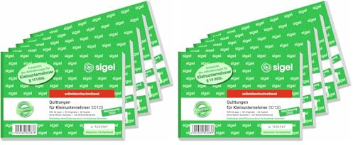 SIGEL SD120/5 Quittungsblock für Kleinunternehmer, fortlaufend nummeriert, eindeutige 7stellige Nummer, A6 quer, 5 Stück, 2x30 Blatt, selbstdurchschreibend, aus nachhaltigem Papier (Packung mit 2)