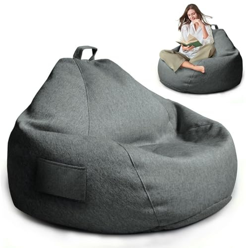 Gaming-sittsäck, endast överdrag (ingen fyllning), 100 x 120 cm sittsäckstol för barn och vuxna, XL Giant Grey Bean Bag stol, tvättbart mjukt fluffigt soffskydd för utomhus vardagsrum inredning