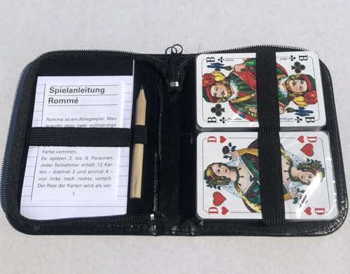 Generisch Romme Karten Gold Edition 2 x 55 Karten Format 59 x 91 mm + Bleistift + Block + Regelheft, im Edlen schwarzem Kunstleder Etui ebenso für Canasta und Bridge + Poker + Skat ab 10 Jahren
