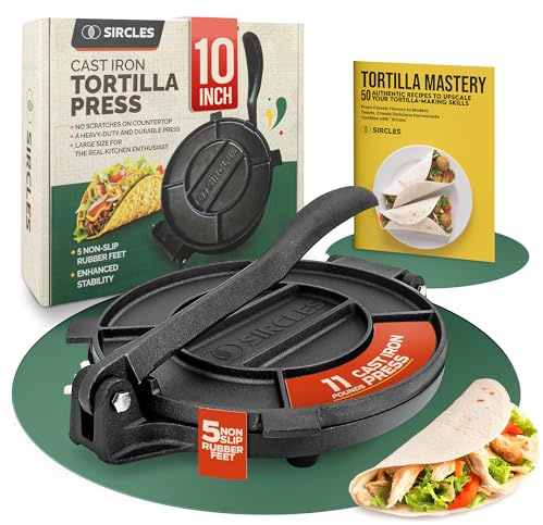SIRCLES Tortilla-Presse 25,4 cm Gusseisen - Extra große, robuste 25,4 cm Tortilla-Presse - E-Book 50 Rezepte - 5 rutschfeste Gummifüße - voreingebrannt - Prensa Para Tortillas (groß 25,4 cm)