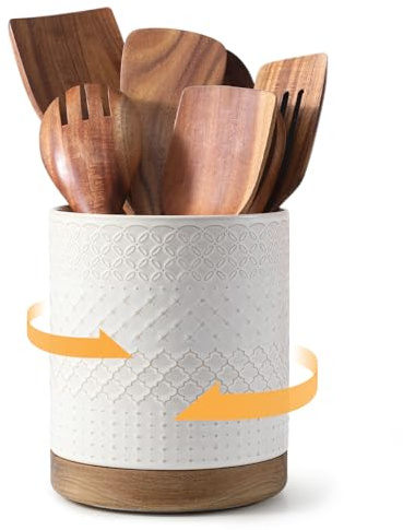 DOWAN Utensilienhalter Küche Drehbar, Küchenutensilienhalter Keramikbehälter für Küchenutensilien, Küchenutensilien Aufbewahrung Beige mit Relief, Utensilienbehälter groß für Kochlöffel