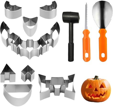 Dwafill Kürbis Schnitzset Halloween, 13 Stück Einfache und Sichere Kürbis-Schnitzwerkzeuge Pumpkin Carving Kit Schnitz Vorlagen, Halloween Ausstecher Kürbis Schnitzmesser Ausstechformen für Kinder