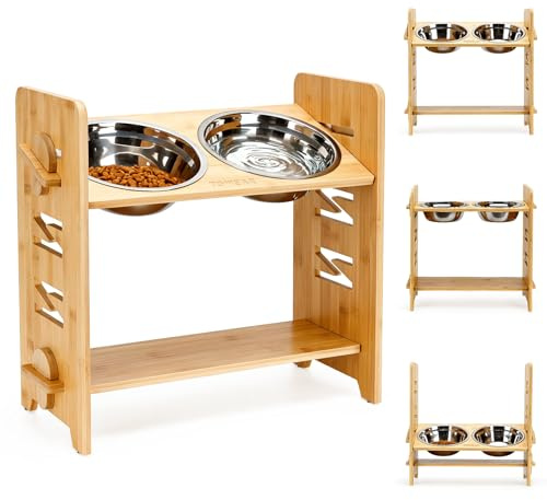 Raised Dog Bowl with 2 Stainless Steel Pet Bowls,9 Level Adjustable | Elevated Dog Bowl,Dog Feeding Station,Anti slip,15°Tilted Design,Bamboo Natural Material,Foldable and Removable,for Dogs Cats
