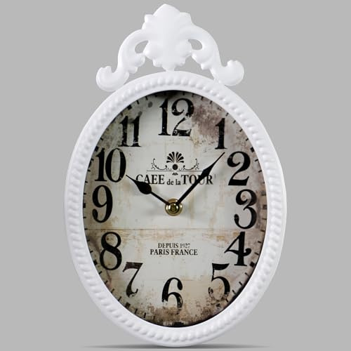 AOROTOE Vintage Weiße Ovale Wanduhr, Shabby Chic Dekorative Uhr für Wohnzimmer, Küche, Café, Schlafzimmer – Lautloses Quarzwerk, Landhaus Rustikaler Stil