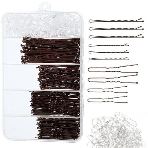 300pcs Bobby Pins Kit, 200Pcs U-Shaped Hair Pins & 100 Clear Elastic Bands - Brown & Transparent Hair Grips for All Hairstyles with Storage Box