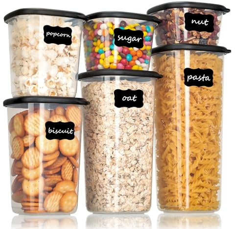 Cozary Set contenitori per alimenti – 6 contenitori ermetici per alimenti (0.36L-1.64L) und 8 etichette nere, ideali per cucina, contenitori plastica con coperchio