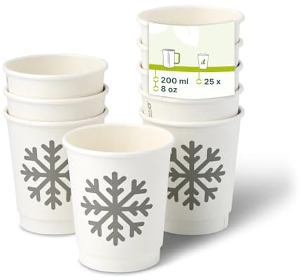 GREENBOX - Pappbecher doppelwandig Winter Schneeflocke, 200 ml / 8 oz, Ø 80 mm, weiß, 25 St.
