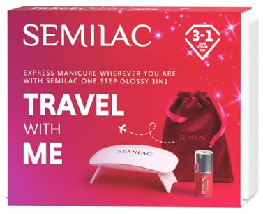 Semilac Travel With Me UV Nagellack Set – 6W UV/LED Lampe, One Step 3in1 Glossy Dark Red, Cleaner, Holzstäbchen & Samtbeutel