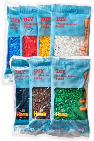 Hama Perline da stirare | 7 sacchetti con 1.000 perline: colori n. 207-01, 03, 05, 09, 10, 12, 18 | mosaico decorazione arte e artigianato per bambini creativi a partire dai 5 anni in su