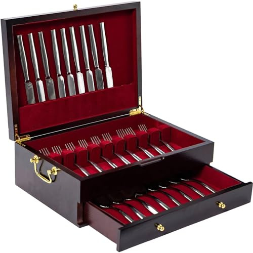 Coffre à couverts en bois avec poignée, doublure en feutre, rangement double couche pour 12 ou 16 ensembles d'ustensiles