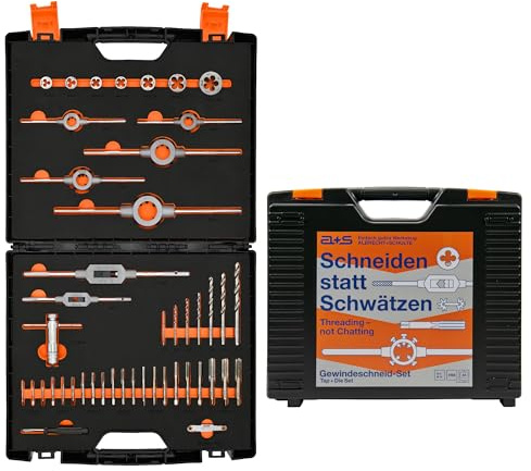 a+s HSS-G Gewindeschneider Set | M3 bis M12 | 45-teilig | Gewindebohrer & Schneideisen | Spiralbohrer, Windeisen, Werkzeughalter, Schneideisenhalter + Gewindeschablone
