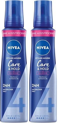 NIVEA Care & Hold Schaumfestiger, pflegender Haarschaum mit Hitzeschutz, Panthenol & Vitamin B3, Haarfestiger für 24h Halt (Haltestufe 4), Styling Mousse (150 ml) (Packung mit 2)