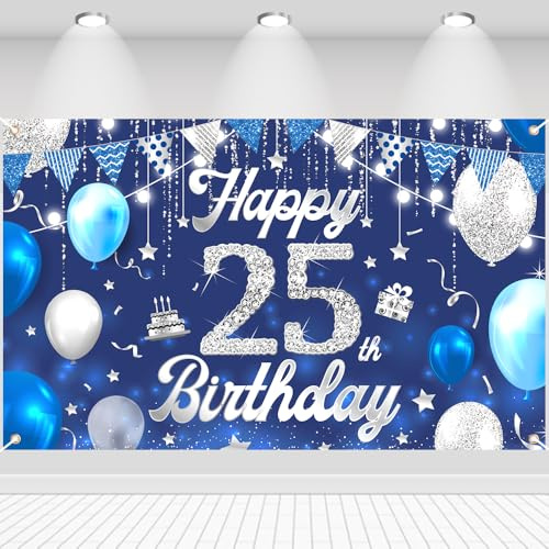 Decoración de cumpleaños número 25, pancarta de feliz cumpleaños 25 con purpurina, estrella, triángulo, globos, cartel, decoración, telón de fondo, fotografía, decoración de pared para aniversario de