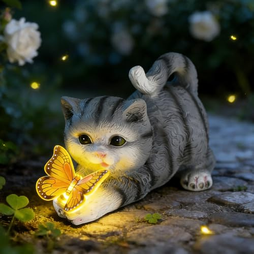 SGZIOO Statue Chat Jardin Solaire, Solaire Chat Décoration pour extérieur, Ornement LED en Résine de Chat avec Papillon Adapté à La Cour Jardin Terrasse Balcon Porche Pelouse