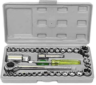 Genérico 40 piezas Kit de herramientas llave y socket Conjunto tubo 1 4 3 8 Combinación métrica SAE con engranaje reversible maleta para coche vehículo