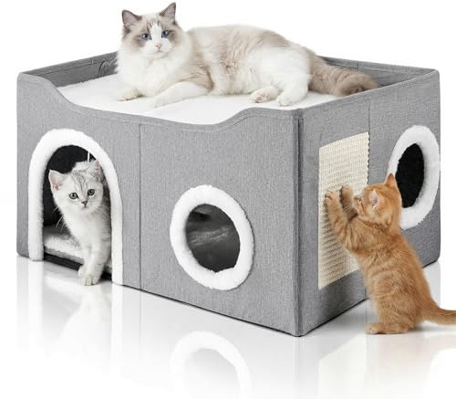 Katzenhaus Indoor, Großes Katzenhöhle mit Kratzbrett und Spielball, Faltbares Katzenversteck, katzenhöle mit Wendbarem Kissen für mehrere kleine Haustiere