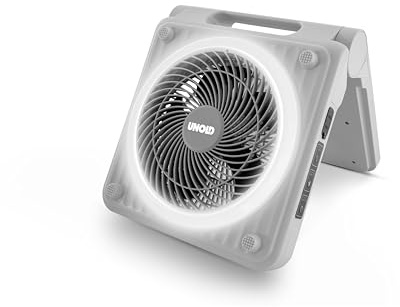Unold Solar-Campingventilator 86517 – 5 Stufen, 5.000 mAh Powerbank & LED-Licht, Akkubetrieb bis 24h & IPX4 Spritzwasserschutz, Grau