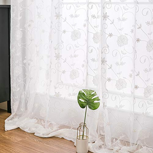 MIULEE Gardinen 2er Voile Blumenstickerei Ösen 225x140cm Weiß | Transparente Voile mit zarter Blumenstickerei und Ösen, lichtdurchlässig und dekorativ für Wohn- und Schlafzimmer