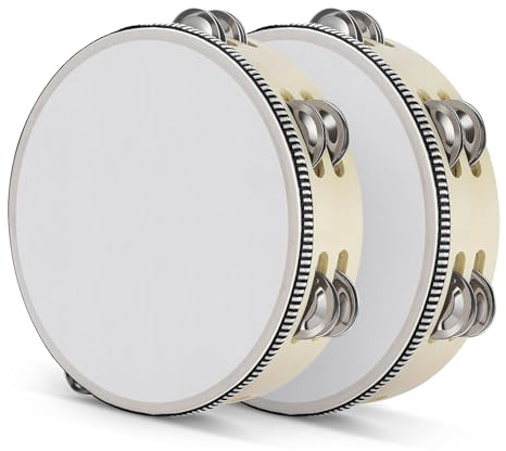 Flexzion Tamburin, Handtrommel mit Handgriff - 2er-Pack, 20cm Schellenkranz in Mond-Form aus Holz, Musik Schlaginstrument, zweireihige Schellenring mit 12 Paar Metall Schellen, Beige