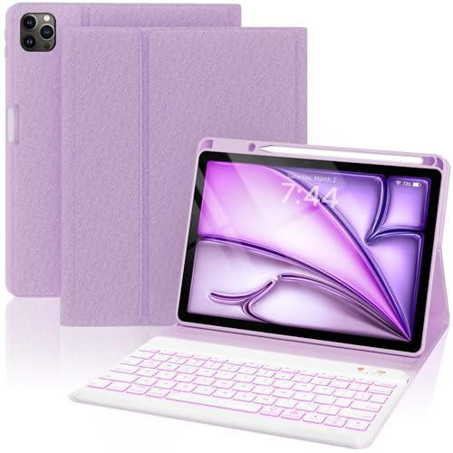 OYEEICE - Funda con teclado para iPad Air de 11 (M2 2024)/11 Air 5e/4ª generación/iPad Pro 11 1e/2e/3ª generación - Teclado extraíble retroiluminado de 7 colores, funda folio con lápiz - morado