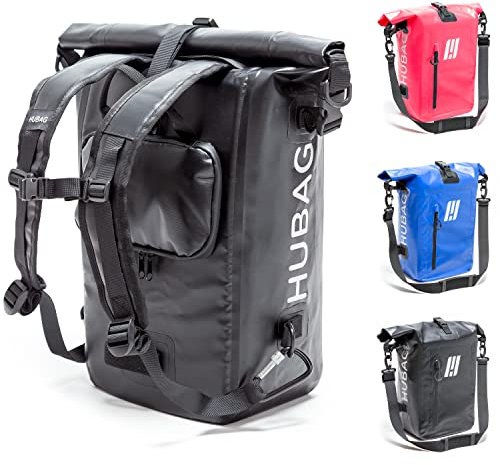 HUBAG 4in1 Fahrradtasche mit IPX6 Zertifizierung - 25L Groß - Wasserdicht & Reflektierend - Gepäckträgertasche, Fahrrad Rucksack, Umhängetasche und Drybag für Gepäckträger (in Schwarz)