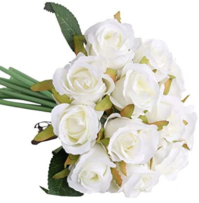 Aliangting 12 artificial silk roses, artificial bouquets for wedding brides, artificial flower decorations, artificial small roses decoration for home office parties. (White)