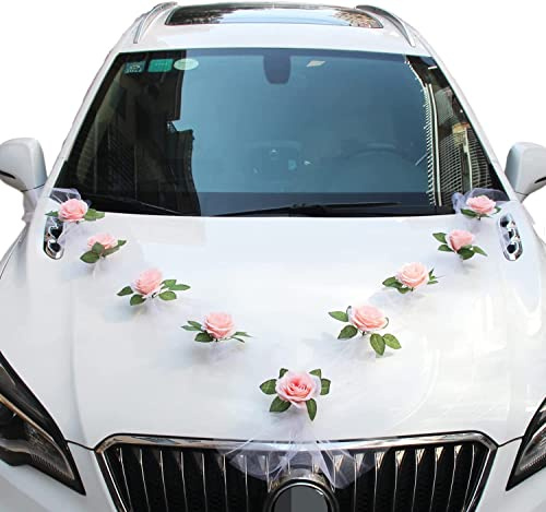 Yulakes Coppia di spose per auto in organza, decorazione auto, decorazione floreale, matrimonio, auto, decorazione di nozze, decorazione auto (rosa)