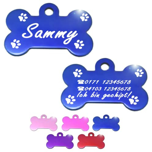 Ibera gifts - Hundemarke mit Gravur, Hundemarke personalisiert, XL, Knochenförmig, für große Haustiere, Aluminium (Blau)