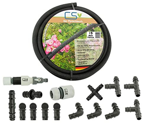 CS Perlschlauch Premium 15m inkl. Starterset – eco Tropfschlauch für Garten, Beet & Hecke – nachhaltiger & wassersparender Bewässerungsschlauch - flexibel verlegbar