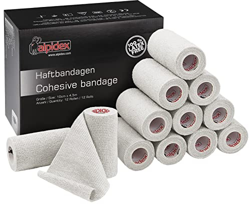 ALPIDEX 12 Rotoli Benda Adesiva 10 cm x 4,5 m Molti Colori Bendaggio Coesivo Fasciatura Personi Animali Garza Elastica Autoadesivo Cavalli Cani Umani, Colore:bianco