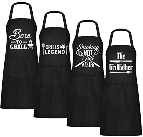 Mepase 4 Pcs Funny Grilling Aprons for Men Adjustable BBQ Grilling Cooking Chef Waterproof Apron with 2 Pockets Grill Aprons Father Day Gifts for Husband Dad