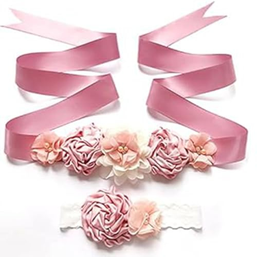 Wisafory Blumenmädchen Schärpe Gürtel und Haarband Set Perlen Blume Satinband Blumengürtel Brautgürtel Hochzeitskleid Taillengürtel Hüftgürtel für Hochzeit Party Braut Kleider Zubehör Rosa#1