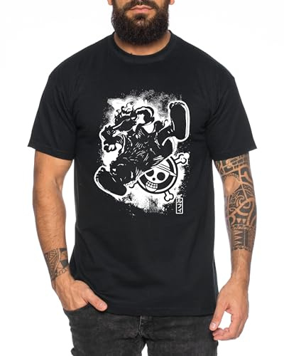 Ruffy Fly - Herren T-Shirt Straw Hat Luffy Zoro One Monkey D. Pirat Ace Piece Goku Anime Ruffy, Größe:S, Farbe:Schwarz
