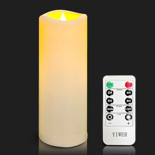 YIWER Wasserdicht Led Flammenlose Kerzen, Outdoor Indoor batteriebetriebene flackernde Kerzen mit Remote-Timer, wird nicht schmelzen, Elfenbein Kunststoff 1 Stück Party Weihnachten Valentinstag