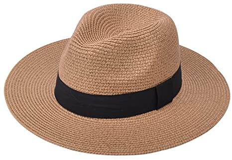 DRESHOW Femme Homme Chapeau de Paille Panama Chapeau Été Large Bord Chapeau de Soleil Anti-UV pour Plage Voyage Chapeau de Soleil