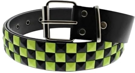 Unisex 3 Row Pyramid Studded Belt Bicolour Black and Neon Yellow Check Checkered Chessboard