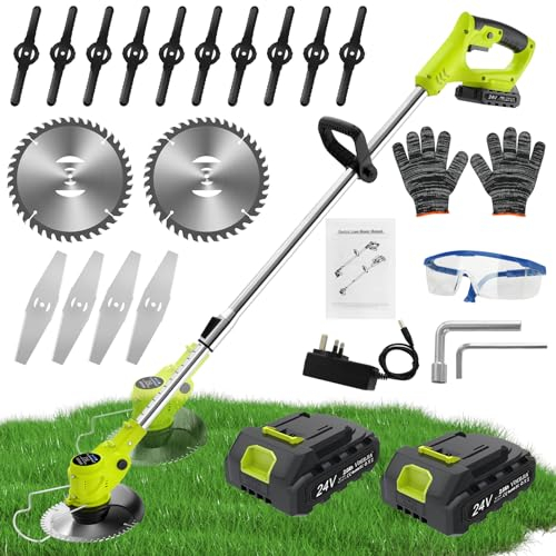 VOERJIA Cordless Grass Trimmer with Battery, Brush Cutter with 2x2000mAh Battery, 6x Metal Blades & 10x Plastic Blades, Efficient Lawn Mower with Mulching Function and Lawn Edger
