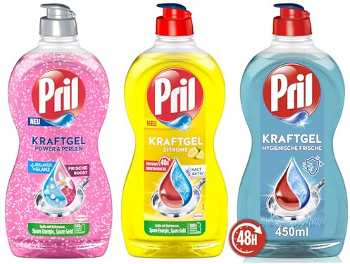 PRIL Kraftgel-Set 1x Power & Perlen Granatapfel & Orangenblüte & 1x Zitrone & 1x Hygienische Frische, Handgeschirrspülmittel-Set mit hoher Fettlösekraft, 3x 450ml