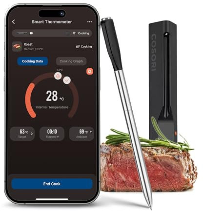 COSORI Erstes Smartes Fleischthermometer, Kabelloses Grillthermometer Bluetooth, perfekt für Heißluftfritteuse, Bratenthermometer für Küche und Grill, Spülmaschinenfest, Schwarz