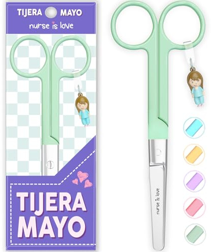 Nurse is Love Tijeras Mayo Punta Roma - Tijeras de Primeros Auxilios para Vendajes | Kit Primeros Auxilios | Acero Inoxidable | Diseño Exclusivo con Charm Green