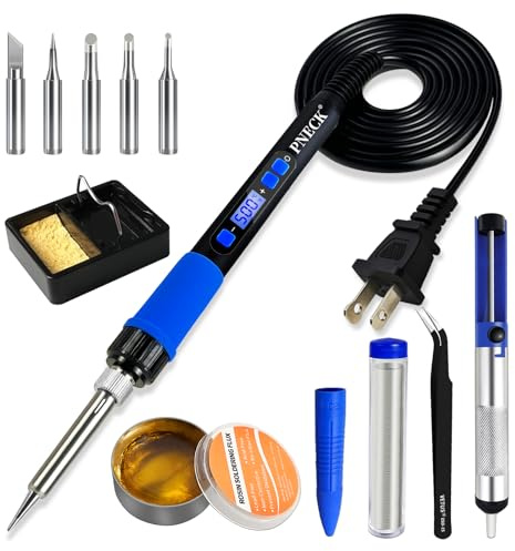 PNECK Soldering Iron Kit, 80W Soldering Iron Pen with Adjustable Temperature, LCD Display, ON/OFF Switch, 5 Tips, Solder Wire, Stand with Sponge, Pump, Paste, Tweezer, Blue