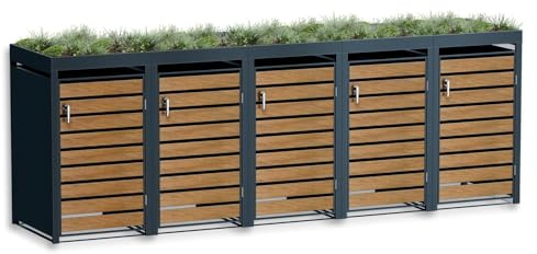 Metzler Mülltonnenbox 5er 240L in Anthrazit & Holzoptik mit Pflanzdach & Sichtstreifen, Mülltonnenverkleidung 5 Tonnen mit Automatikdeckel, Müllbox mit pulverbeschichtetem Stahl rostfrei, abschließbar